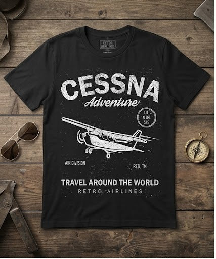 A four-panel collage showing a black short-sleeve T-shirt with a distressed white aviation graphic. The shirt features the text 'CESSNA Adventure' and an airplane illustration.