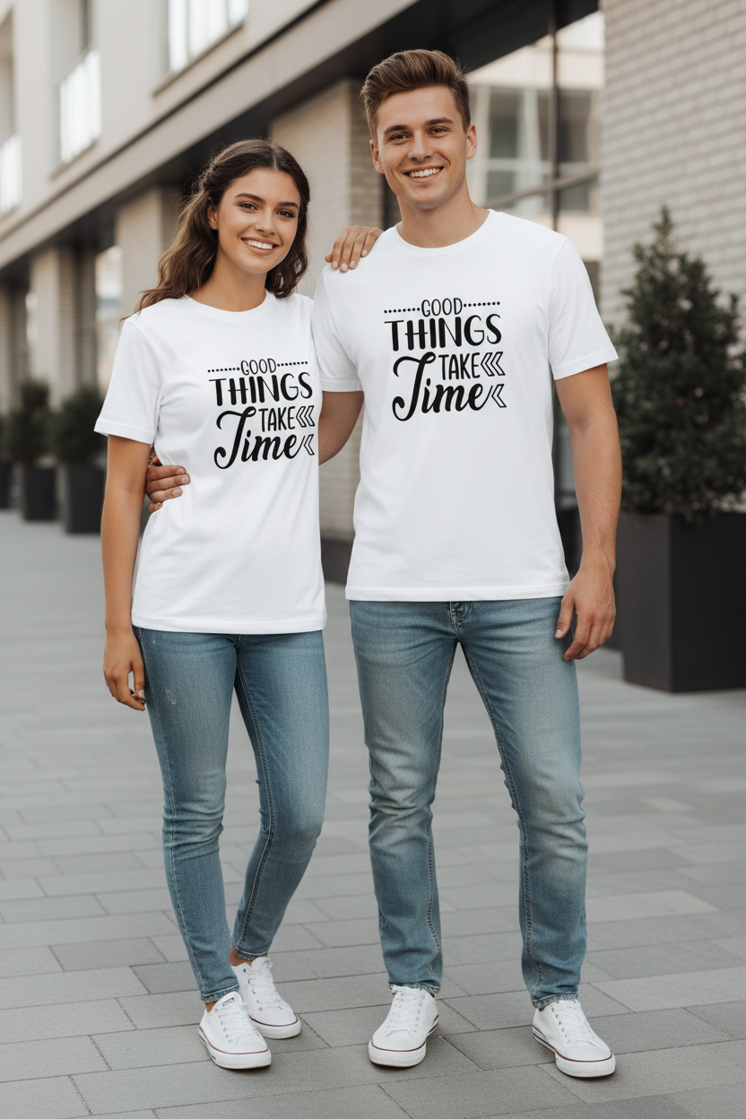 A white short-sleeve crewneck t-shirt with a black graphic text print reading 'GOOD THINGS TAKE TIME' laid flat on a light wood background.