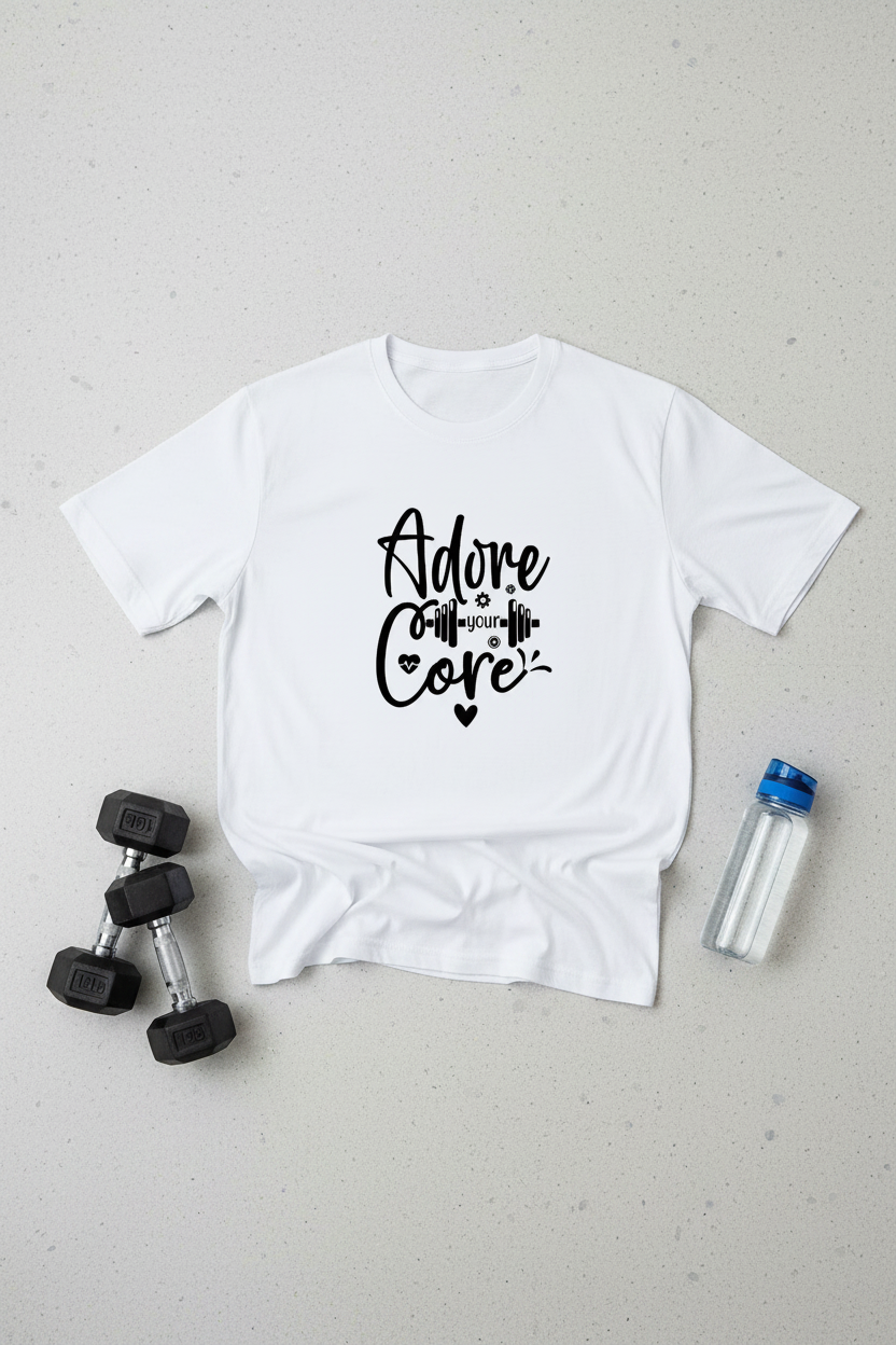Wearix "Adore Your Core" Fitness Graphic T-Shirt | Gym & Workout Tee - White