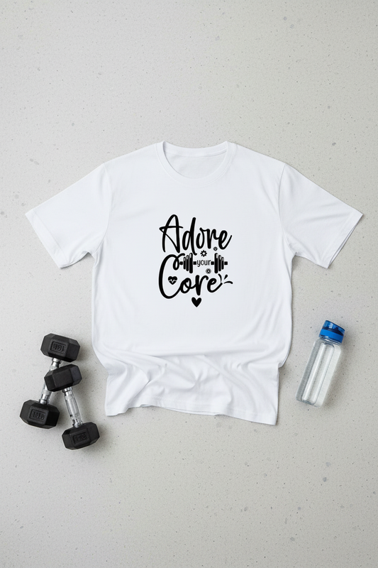 Wearix "Adore Your Core" Fitness Graphic T-Shirt | Gym & Workout Tee - White