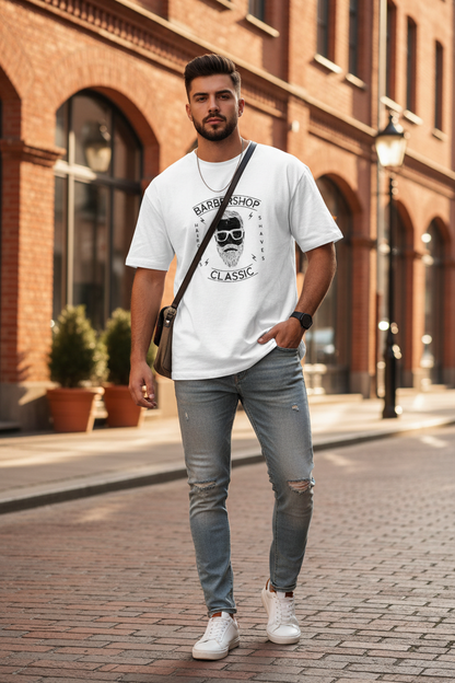Classic Barbershop Vintage Graphic T-Shirt | Retro Beard & Grooming Tee - White | Wearix