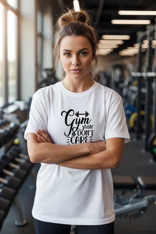 Wearix "Gym Hair Don't Care" Workout T-Shirt | Funny Fitness Graphic Tee - White