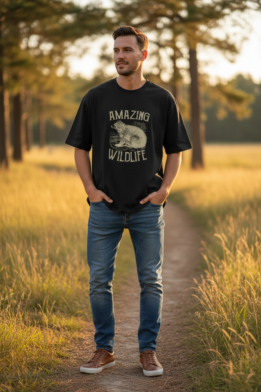 Wearix "Amazing Wildlife" Vintage Bear T-Shirt | Retro Nature Graphic Tee - Black