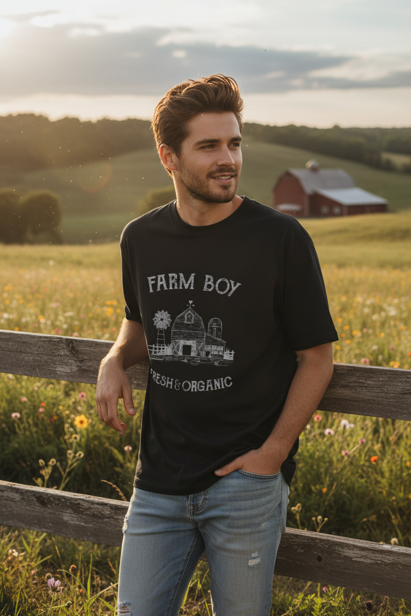Wearix "Farm Boy Fresh & Organic" Vintage T-Shirt | Rustic Country Graphic Tee - Black