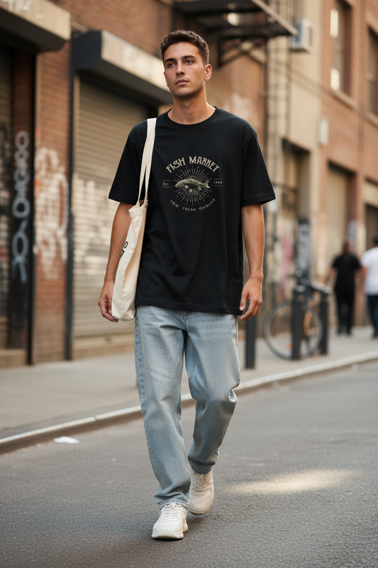 Wearix "Fish Market" Vintage Oversized T-Shirt | Retro Graphic Streetwear Tee - Black